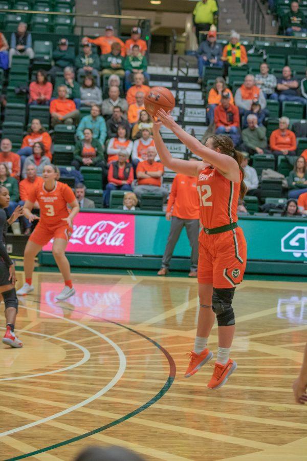 Jamie Bonnarens (12) shoots a three point shot, during the Colorado State home game vs the University of Las Vegas, Nevada on Feb 19, 2020. CSU wins 60-56. (Devin Cornelius | Collegian)