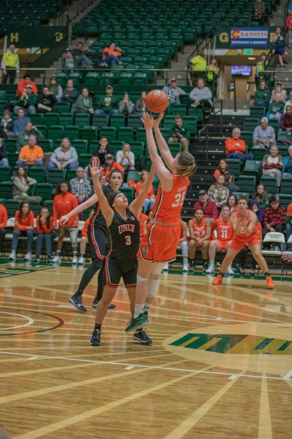 Lore Devos (35) makes a jump shot over a defender, during the Colorado State home game vs the University of Las Vegas, Nevada. CSU wins 60-56. (Devin Cornelius | Collegian)
