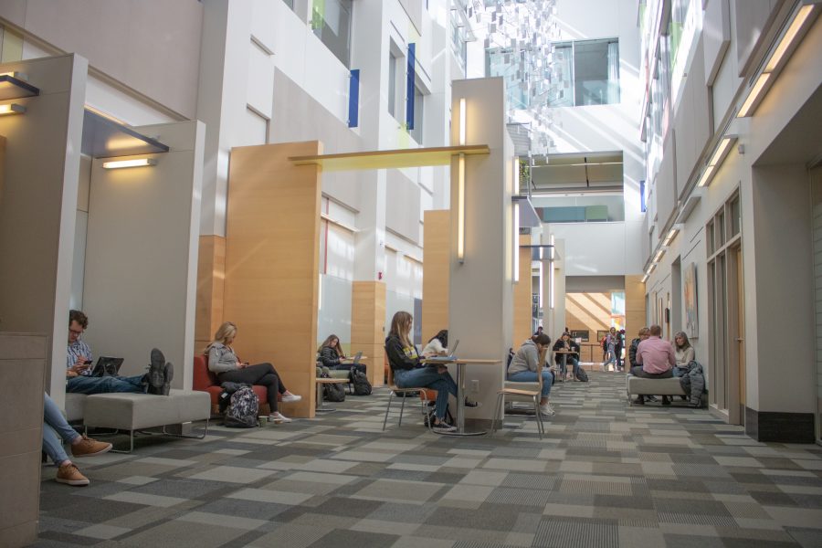 Students sit and study at the Behavioral Sciences building, this is the main building for Undeclared Students at Colorado State. (Devin Cornelius | Collegian)