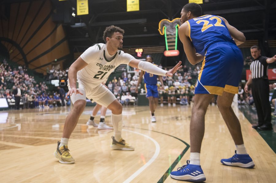 Freshman David Roddy guards a San Jose State player outside of the arc in the first half. (Lucy Morantz | The Collegian)
