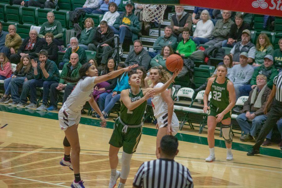Tori Williams (2) shoots a layup, during the Colorado State home game vs San Diego State. CSU loses in overtime 64-61. (Devin Cornelius | Collegian)