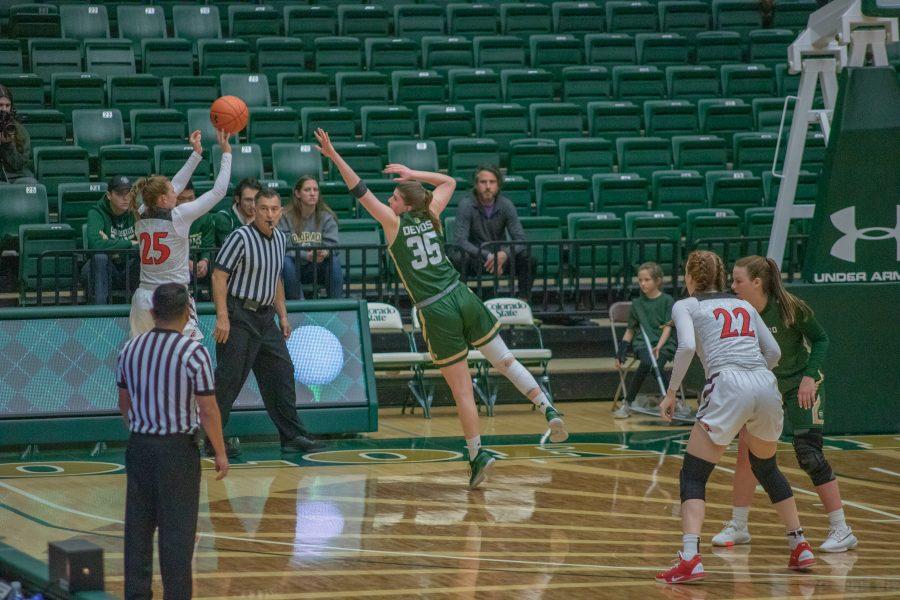 Lore Devos (35) attempts to block a shot from a San Diego State University player, during the Colorado State home game vs SDSU. CSU falls in overtime 64-61. (Devin Cornelius | Collegian)