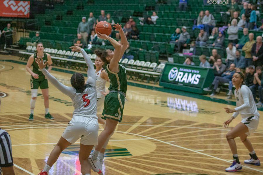 Tori Williams (2) drives past a defender and attempts a layup, during the Colorado State game vs San Diego State University. CSU falls in overtime in 64-61. (Devin Cornelius | Collegian)