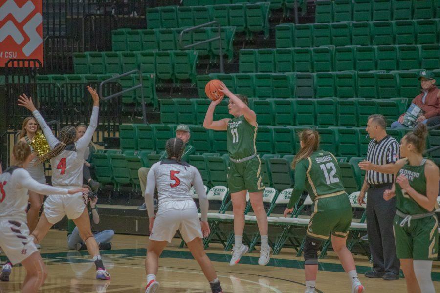 Makenzie Ellis (11) attempts a shot from the three point line, during Colorado State home game vs San Diego State University. CSU falls in overtime 64-61. (Devin Cornelius | Collegian)