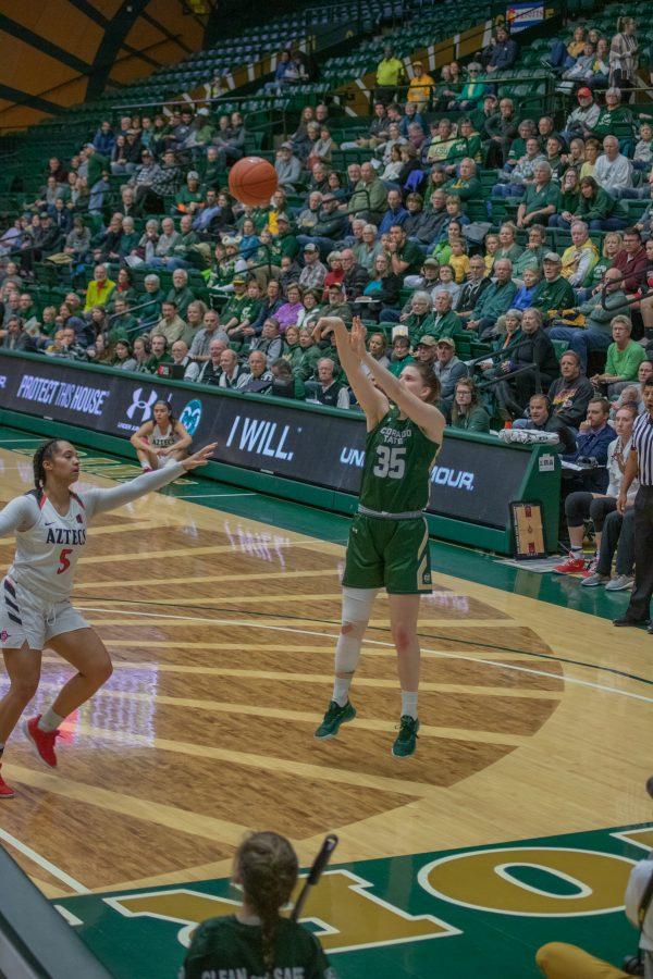 Lore Devos (35) makes a jump shot, during the Colorado State home game vs San Diego State University. CSU falls in overtime 64-61. (Devin Cornelius | Collegian)