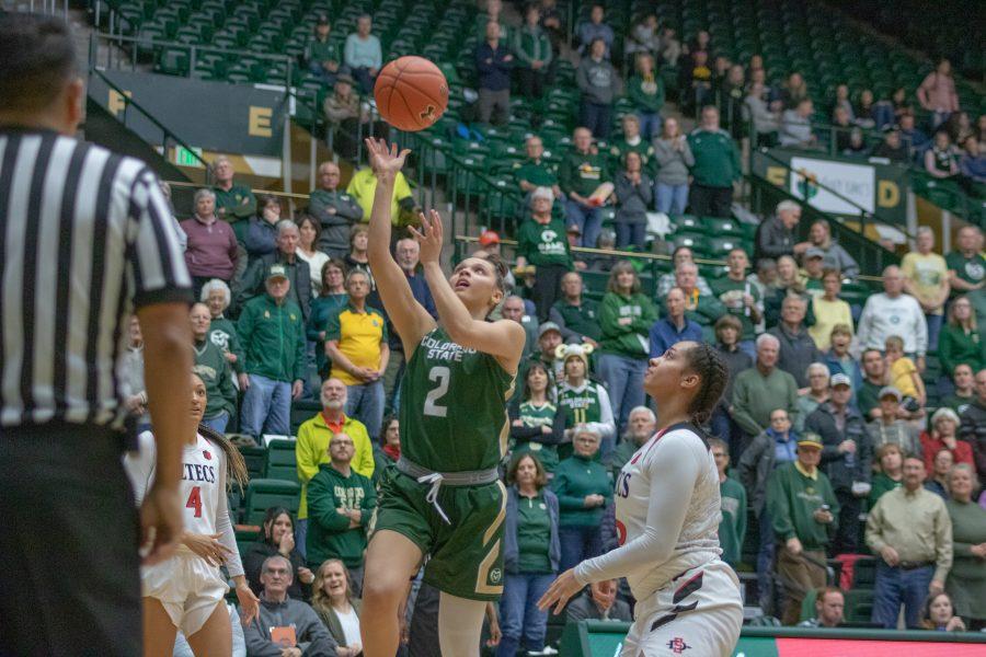 Tori Williams (2) shoots a layup, during the Colorado State home game vs San Diego State University. CSU falls to SDSU 64-61. (Devin Cornelius | Collegian)