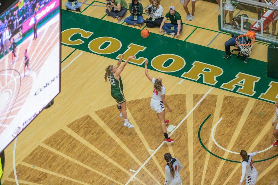 Andrea Brady (32) takes a shot from inside the arc, during the Colorado State home game vs San Diego State. CSU falls in OT 64-61. (Devin Cornelius | Collegian)