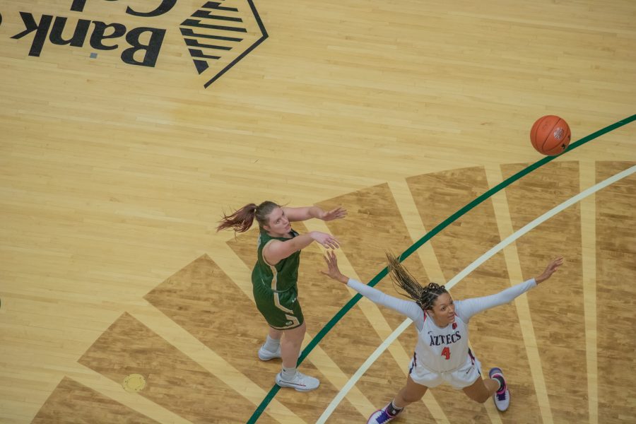 Makenzie Ellis (11) shoots towards the basket while being guarded by a San Diego State University player, during the Colorado State home game vs SDSU. CSU falls in OT 64-61. (Devin Cornelius | Collegian)