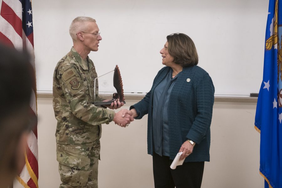 After accepting the Right of Line Award, Colonel Bennet allows CSU President Joyce McConnell to address the room. (Lucy Morantz | The Collegian)
