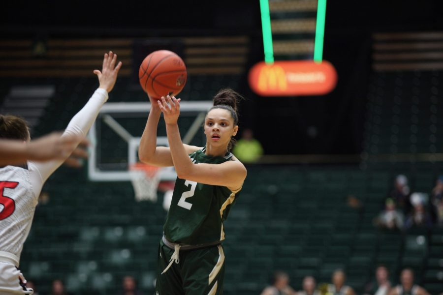 Tori Williams passes on Feb 24. The Rams lost to the Aztecs 64-61 but kept it a close game throughout. (Ryan Schmidt | The Collegian)