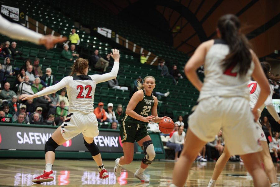 Andrea Brady dribbles down court at the Mountain West Conference Championship Feb, 24. The Rams lost in the first round to the Aztecs 64-61 but kept it a close game throughout. (Ryan Schmidt | The Collegian)