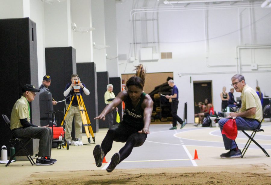 Colorado State University track and field athlete Aria Tate long jumps at the University of Colorado, Boulder indoor track facility a few weeks before the Colorado Invitational. (Photo courtesy of Austin Hannon) 