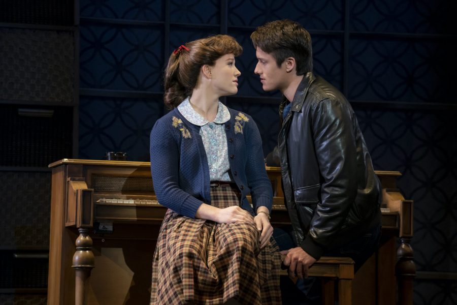 Kennedy Caughell (Carole King) and James D. Gish (Gerry Goffin) act out a scene in the Carole King Musical Beautiful. (Photo courtesy of Joan Marcus) 