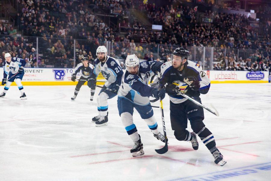 Colorado Eagles player A.J. Greer skates towards the puck during the game against the Milwaukee Admirals at the Budweiser Events Center Feb. 29. (Photo courtesy of the Colorado Eagles)