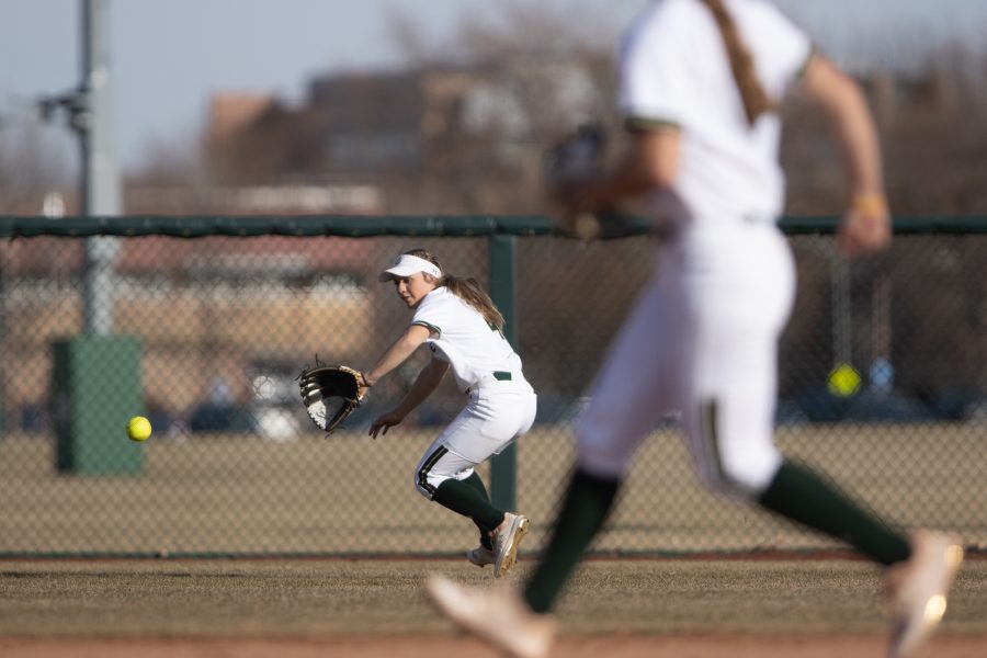 Tara Shadowen (11) reaches out for the ball, during the University's game against Kennesaw State University at the Colorado State classic softball tournament on Mar. 6, 2020. CSU loses 1-3. (Devin Cornelius | Collegian)