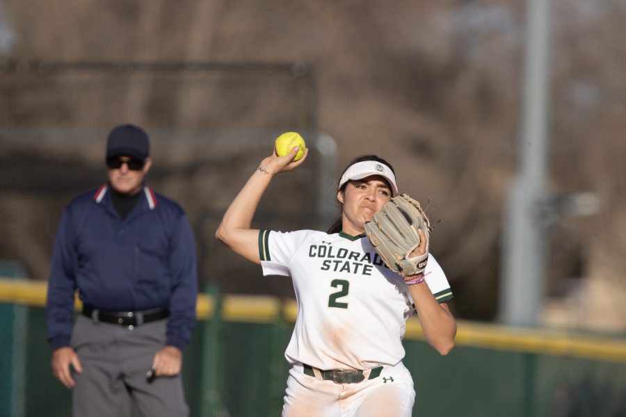 Corina Gamboa (2) winds up a throw towards second base, during the University's game against Kennesaw State University at the Colorado State classic softball tournament on Mar. 6, 2020. CSU loses 1-3. (Devin Cornelius | Collegian)