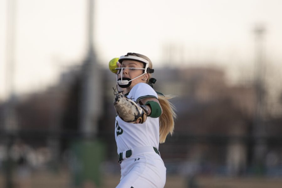 Jessica Jarecki (19) winds up a pitch, during the University's first game against Purdue University at the Colorado State classic softball tournament on Mar. 6, 2020. CSU wins 11-5.(Devin Cornelius | Collegian)
