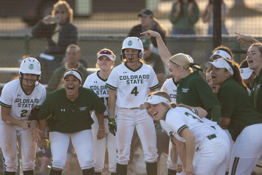 The Colorado State team celebrates after a home run, during the University's first game against Purdue University at the Colorado State classic softball tournament on Mar. 6, 2020. CSU wins 11-5. (Devin Cornelius | Collegian)