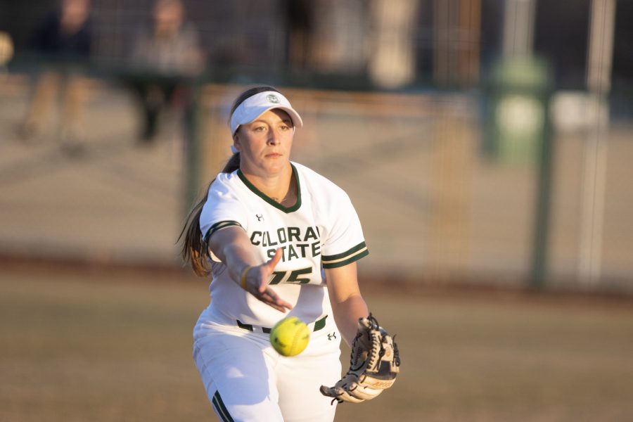 Brooke Polenz (15) tosses the ball to a teammate, during the University's first game against Purdue University at the Colorado State classic softball tournament on Mar. 6, 2020. CSU wins 11-5.  (Devin Cornelius | Collegian)