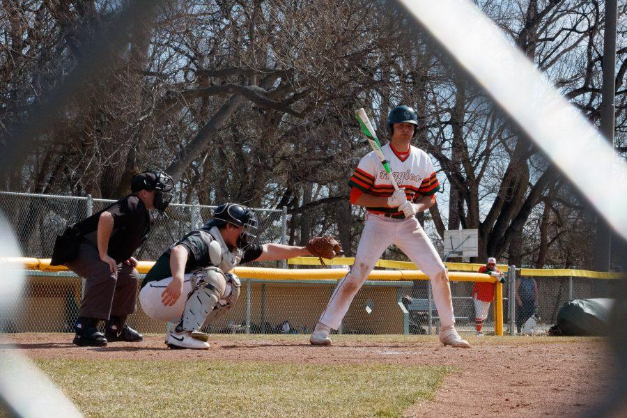 Sophomore Adrian Juarez (10) watches a strike during a game against Williston State on Mar. 8. The Rams won 15-12 moving them up to 4-1 for the 5 game series. (Megan McGregor | The Collegian)