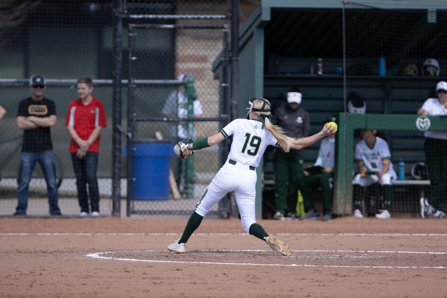 Jessica Jarecki (19) winds up a pitch, during the University's first game against Purdue University at the Colorado State classic softball tournament on Mar. 6, 2020. CSU wins 11-5.(Devin Cornelius | Collegian)