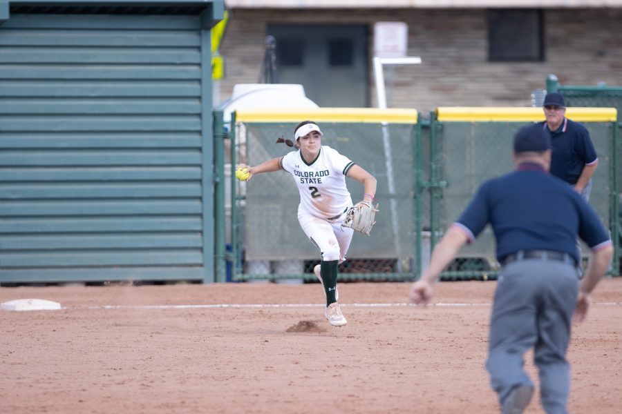 Corina Gamboa (2) prepares to throw from third base, during the University's first game against Purdue University at the Colorado State classic softball tournament on Mar. 6, 2020. CSU wins 11-5. (Devin Cornelius | Collegian)
