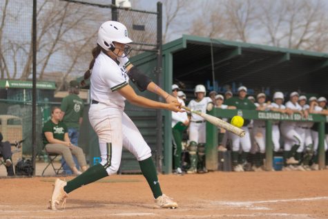 Colorado State University senior softball player Corina Gamboa (2) hits the game-winning home run versus Purdue University during the Colorado State Classic tournament on March 8, 2020