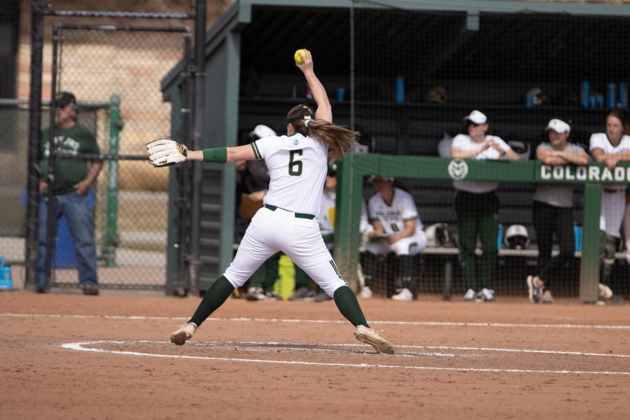 Taylor Gilmore (6) winds up for a pitch, during the University's second game vs Purdue at the Colorado State classic softball tournament on Mar. 8, 2020. CSU wins 4-3. (Devin Cornelius | Collegian)