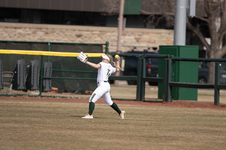 Tara Shadowen (11) throws the ball from outfield, during the University's second game vs Purdue at the Colorado State classic softball tournament on Mar. 8, 2020. CSU wins 4-3. (Devin Cornelius | Collegian)