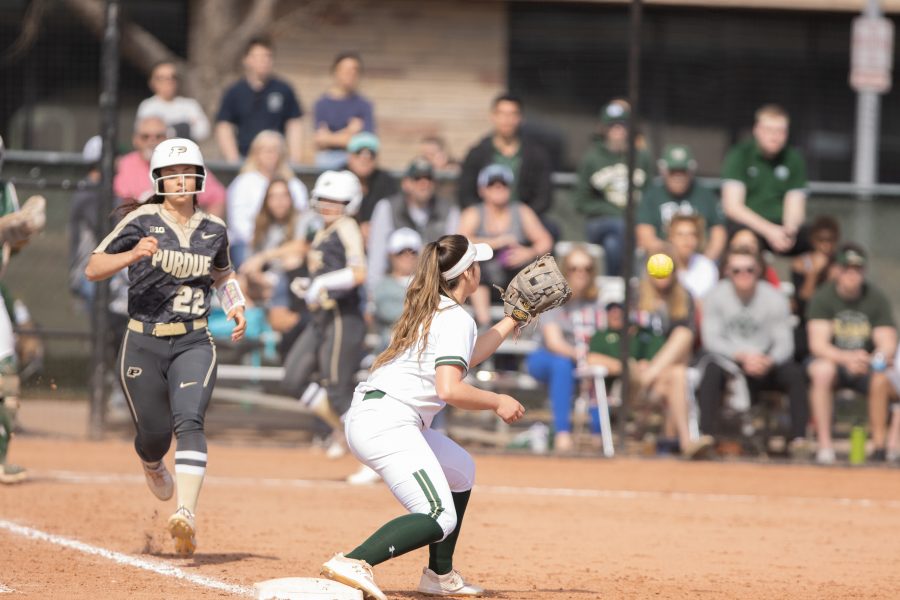 Ashley Ruiz (18) makes the catch and gives the opponents an out, during the University's second game vs Purdue University at the Colorado State Classic softball tournament on Mar. 8, 2020. CSU wins 4-3. (Devin Cornelius | Collegian)