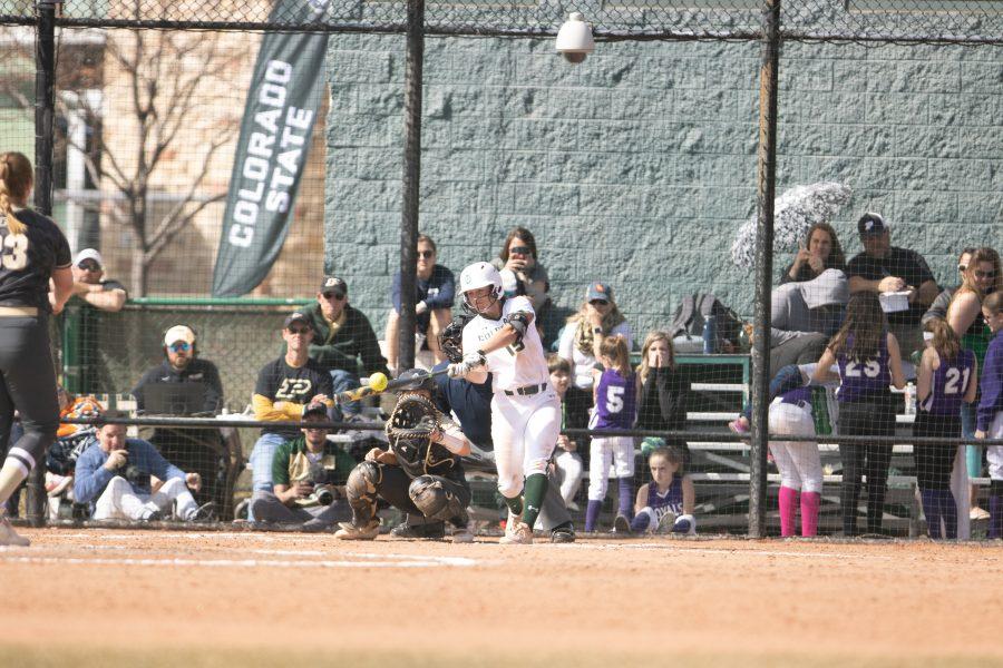 Brooke Polenz (15) hits the ball while up to bat, during the University's second game against Purdue University at the Colorado State classic softball tournament on Mar. 8, 2020. CSU wins 4-3. (Devin Cornelius | Collegian)