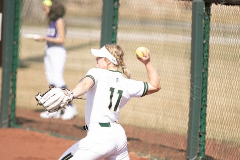 Tata Shadowen (11) throws the ball from the fence to second base, during the Universitys second game against Purdue University at the Colorado State classic softball tournament on Mar, 8, 2020. CSU wins 4-3. (Devin Cornelius | Collegian)