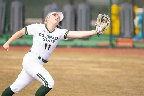 Tata Shadowen (11) reaches out for the ball, during the Universitys second home game vs Purdue University at the Colorado State classic softball tournament on Mar. 8, 2020. CSU wins 4-3. (Devin Cornelius | Collegian)