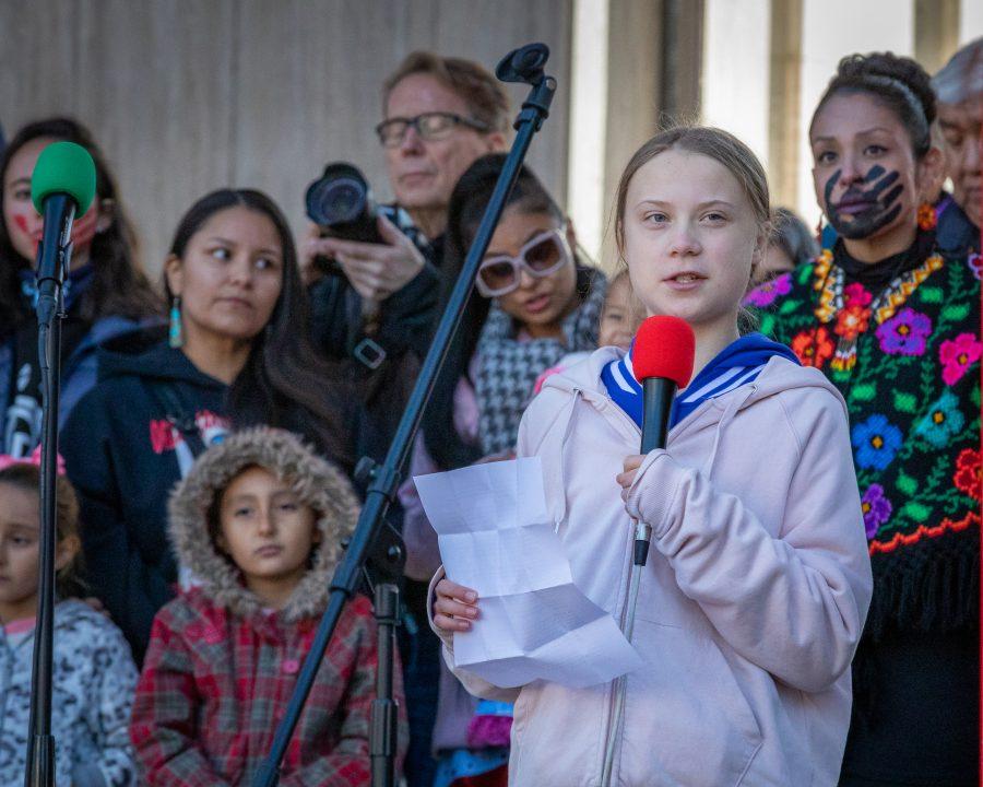 Greta Thunberg addresses climate strikers at Civic Center Park in Denver. (Photo courtesy of Andy Bosselman, Streetsblog Denver via Flickr) 
