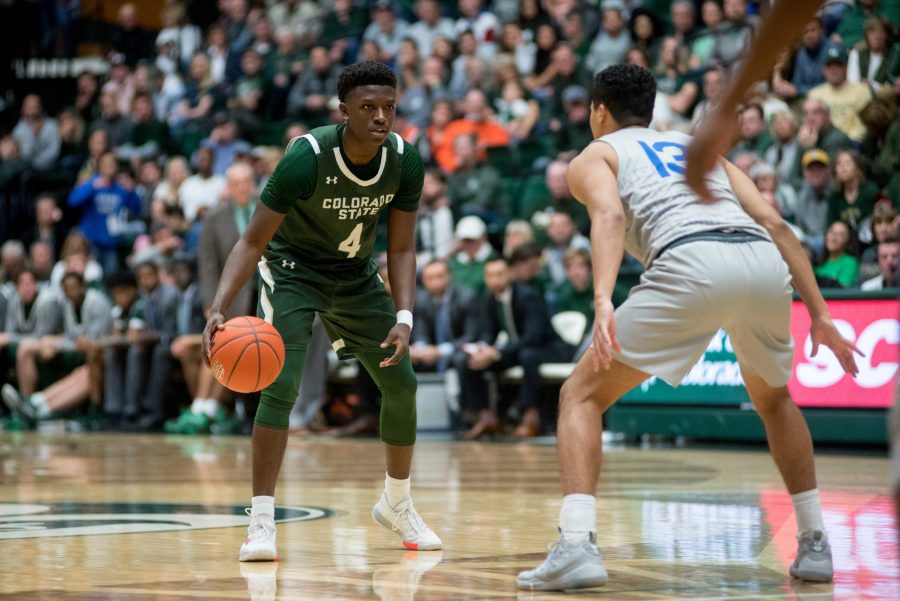 Isaiah Stevens (4) of Colorado State looks to move past the the Air Force Falcons defense at the Moby Arena on February 29, 2020. Rams won the game 87-74. (Pratyoosh Kashyap | The Collegian)