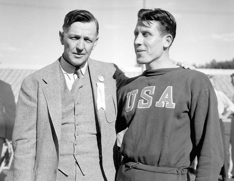 Coach harry Hughes with 1936 Olympic Decathlon Champion Glenn Morris. (Photo Courtesy of Jon Hirn, CSU Athletics)