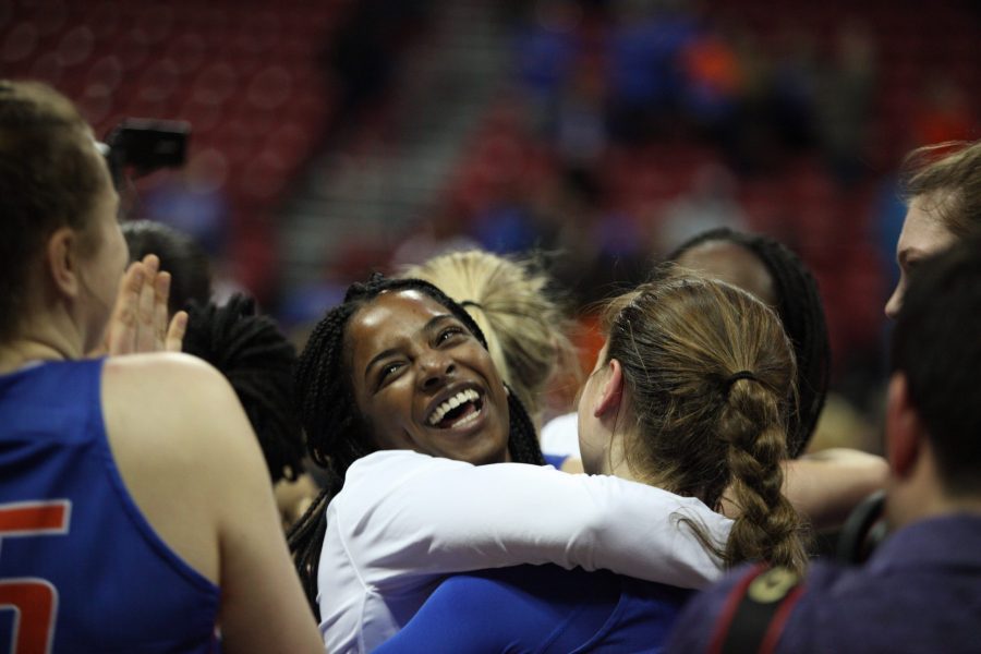Boise State womens basketball team celebrates after winning the 2020 Mountain West Conference Championship March 4. The Broncos won against the Bulldogs 80-76. (Ryan Schmidt | The Collegian)
