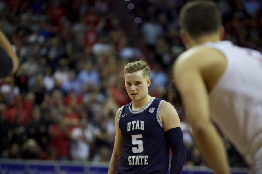 Sam Merrill feeling the pressure before a free throw on Mar. 7. Utah State won in a close game against San Diego State 59-56. (Ryan Schmidt | The Collegian)

