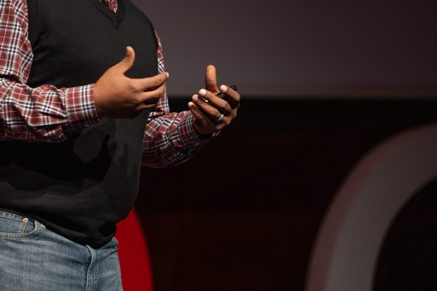 Agricultural Sciences and Education student, Robert Wiggins speaks on the topic of, The Value of an Opportunity, in the Lory Student Center Theatre during the 2020 TEDx CSU event. Bias is malleable, Wiggins said. (Brooke Buchan | The Collegian)