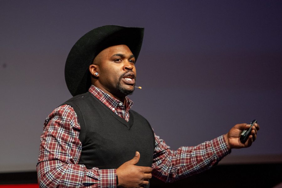 Agricultural Sciences and Education student, Robert Wiggins speaks on the topic of, The Value of an Opportunity, in the Lory Student Center Theatre during the 2020 TEDx CSU event. Bias is malleable, Wiggins said. (Brooke Buchan | The Collegian)