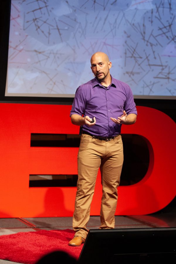 Assistant professor in the School of Education, Dr. Vincent Basile, speaks on, Decriminalizing Our School Boys of Color, in the Lory Student Center Theatre at the 2020 TEDx CSU event. One of the things we are not recognizing is when people are in an oppressed environment, people resist. We shouldnt be worried they are resisting, we should be worried when they stop, Basile said. (The Collegian | Brooke Buchan)