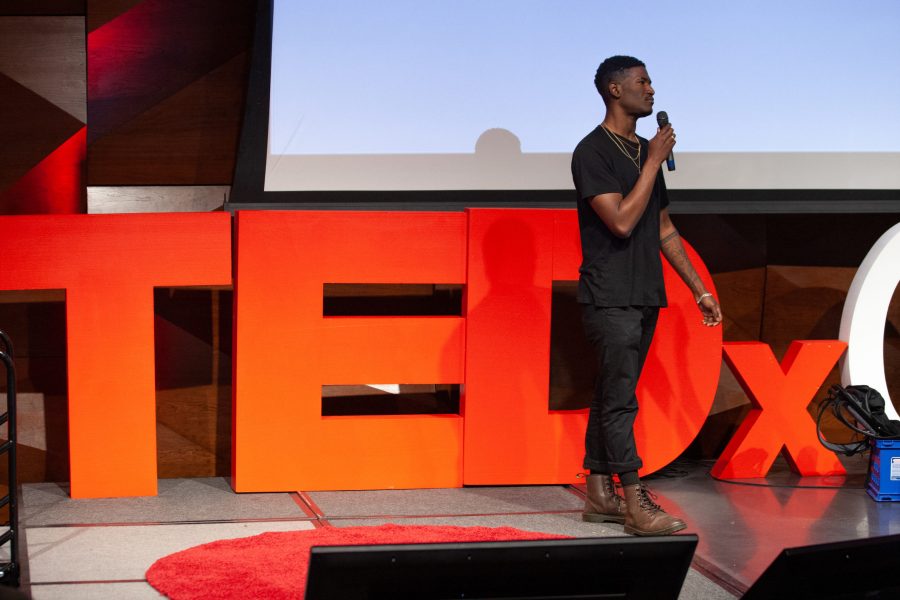 Entertainer, Xavier Hadley, performs an original song in the Lory Student Center Theatre during the 2020 TEDx CSU event Saturday afternoon. (Brooke Buchan | The Collegian) 