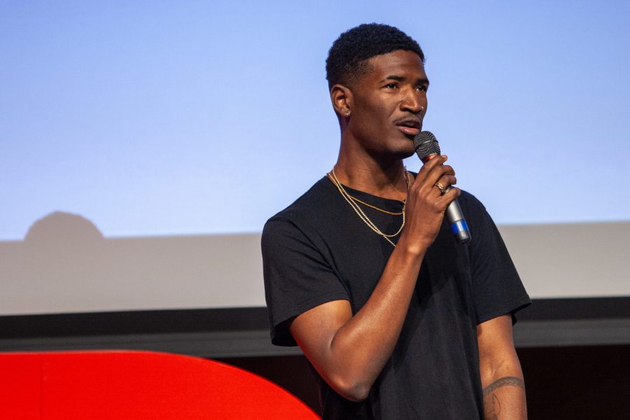 Entertainer, Xavier Hadley, performs an original song in the Lory Student Center Theatre during the 2020 TEDx CSU event Saturday afternoon. (Brooke Buchan | The Collegian) 
