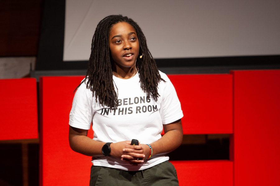 Walter Scott College of Engineering student, Janaye Matthews, speaks on the topic of, The Mental Tuition of Marginalization, in the Lory Student Center Theatre during the 2020 TEDx CSU event Saturday afternoon. (Brooke Buchan | The Collegian) 