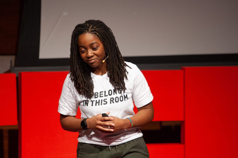 Walter Scott College of Engineering student, Janaye Matthews, gets a standing ovation after speaking on the topic of, The Mental Tuition of Marginalization, in the Lory Student Center Theatre during the 2020 TEDx CSU event Saturday afternoon. (Brooke Buchan | The Collegian) 