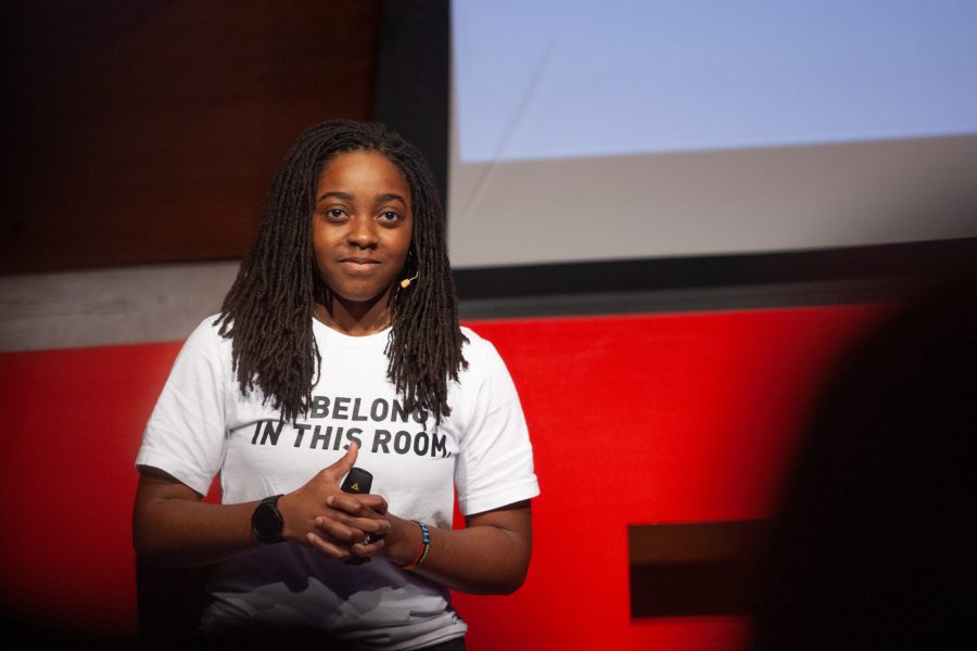 Walter Scott College of Engineering student, Janaye Matthews, gets a standing ovation after speaking on the topic of, The Mental Tuition of Marginalization, in the Lory Student Center Theatre during the 2020 TEDx CSU event Saturday afternoon. (Brooke Buchan | The Collegian) 