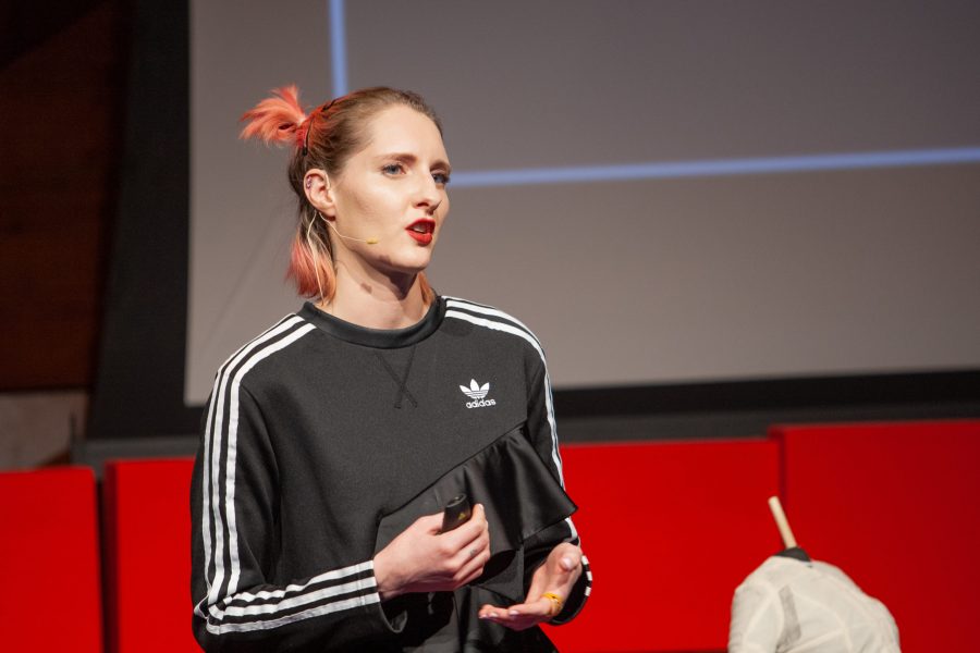 Design and Merchandising graduate student, Kayna Hobbs, speaks on the topic of, Affecting Change in the Clothing Industry, at the 2020 TEDx CSU event in the Lory Student Center Theatre Saturday afternoon. (Brooke Buchan | The Collegian)