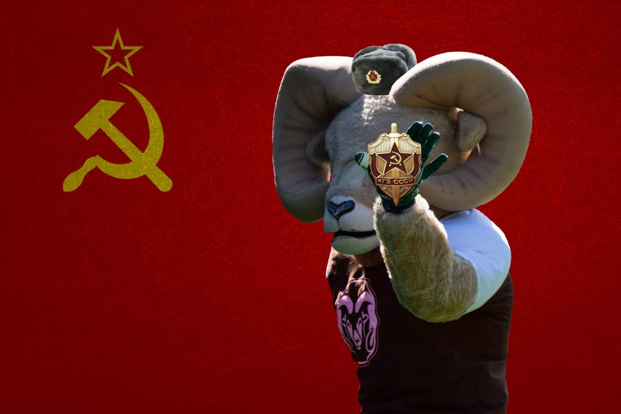 CAM the Ram flashes his KGB badge. CAM recently was exposed as being a KGB agent on assignment to destroy CSU Footballs record. (Smack Attackit | The Wake Up Slap)