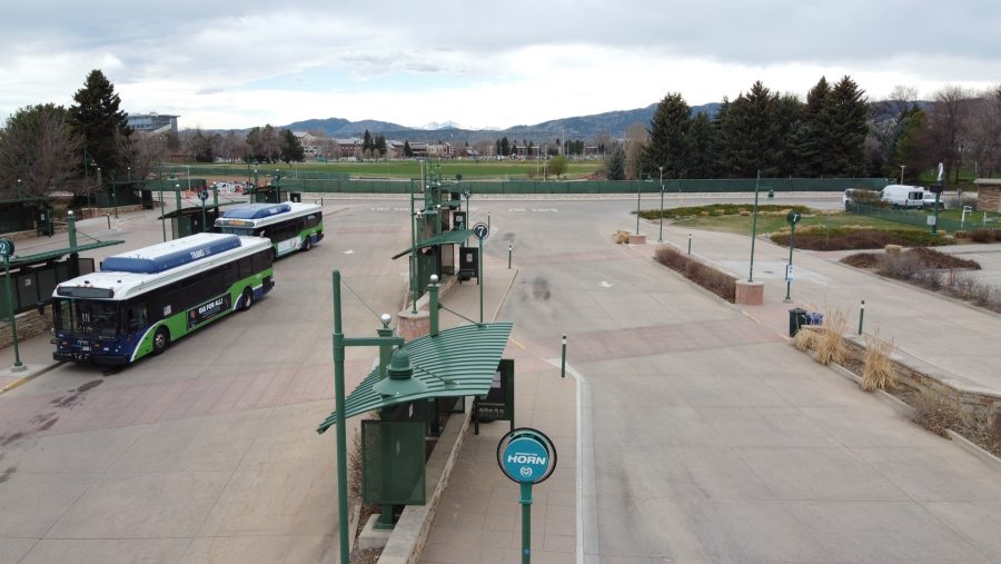 Transfort Buses sit at the University Transit Center on April 11, 2020. The Horn will have a major route detour starting on March 16th. (Devin Cornelius | Collegian)