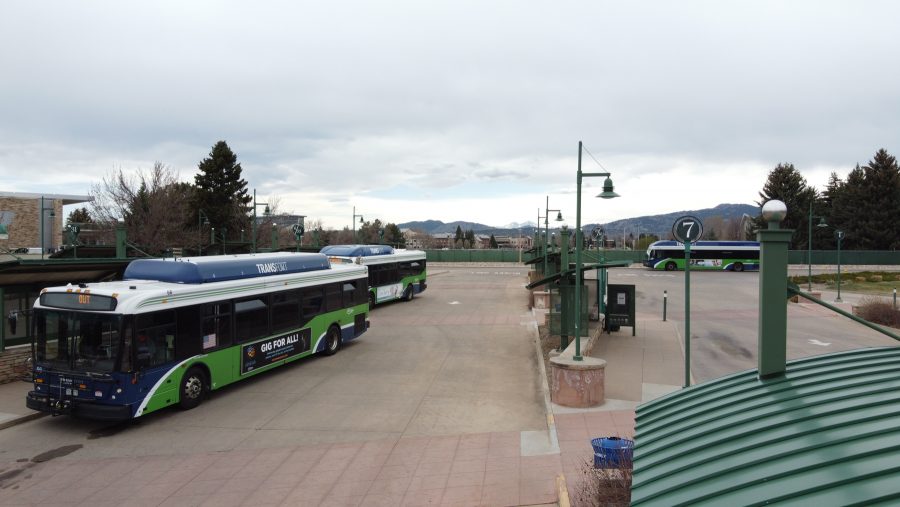 Transfort buses sit at the transit center on April 11, 2020. The Horn will have a major route change starting March 16 due to construction on campus. (Devin Cornelius | Collegian)